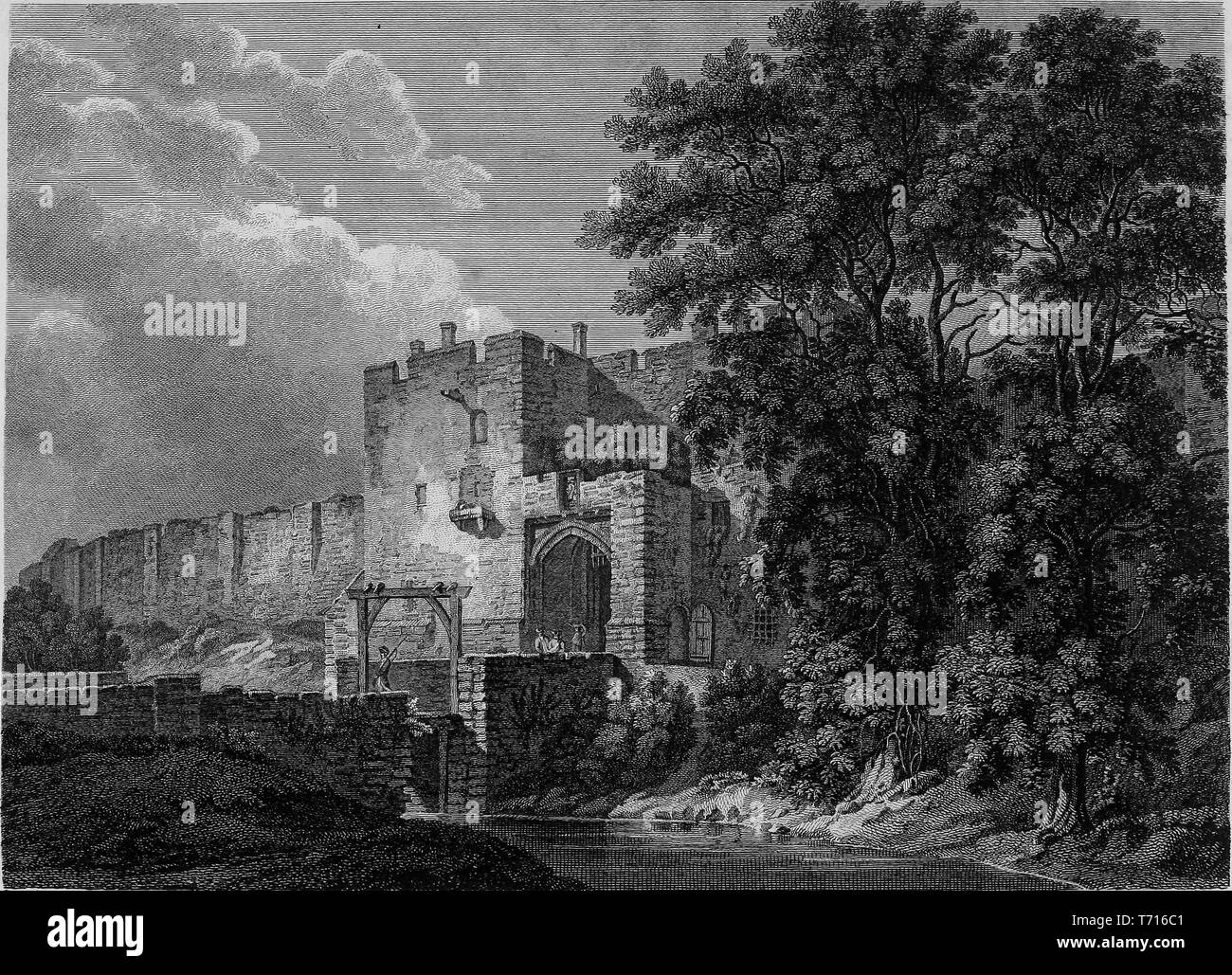 Incisione del Carlisle Castle a Carlisle, Cumbria, Inghilterra, dal libro "Antichità di Gran Bretagna' da William Byrne e Thomas Hearne, 1825. La cortesia Internet Archive. () Foto Stock