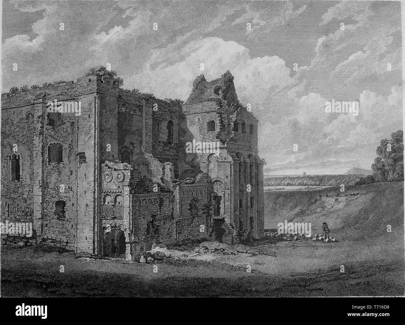 Incisione di rovine di castello in castello Rising, Norfolk, Inghilterra, dal libro "Antichità di Gran Bretagna' da William Byrne e Thomas Hearne, 1825. La cortesia Internet Archive. () Foto Stock