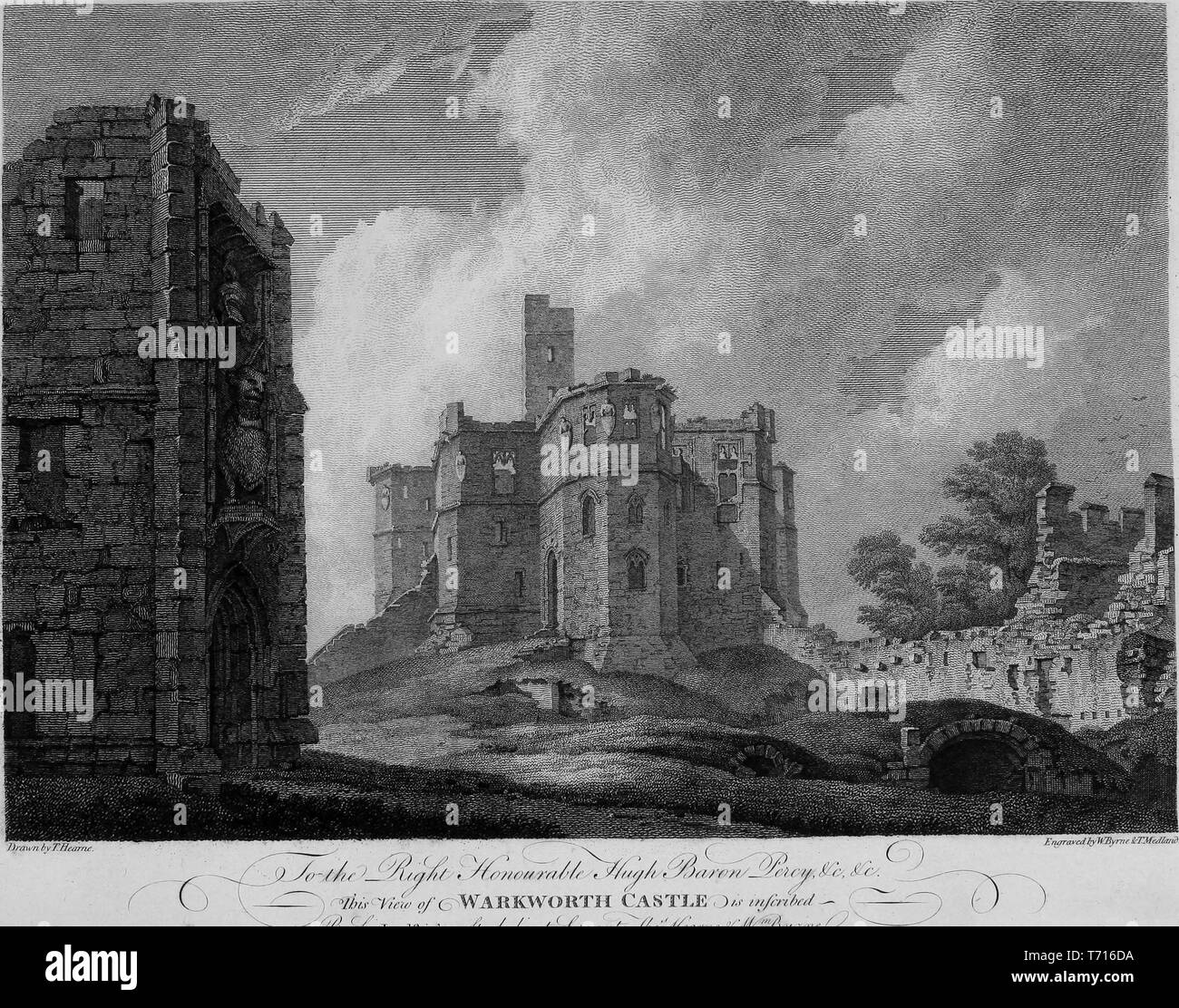 Incisione del castello di Warkworth in Northumberland, Inghilterra, dal libro "Antichità di Gran Bretagna' da William Byrne e Thomas Hearne, 1825. La cortesia Internet Archive. () Foto Stock