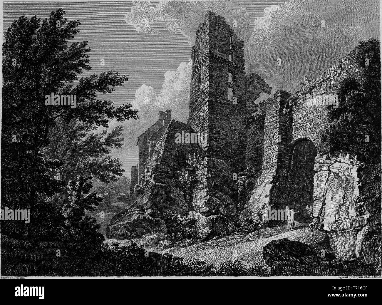 Incisione del Roslin Castello nel Midlothian, Scozia, dal libro "Antichità di Gran Bretagna' da William Byrne e Thomas Hearne, 1825. La cortesia Internet Archive. () Foto Stock