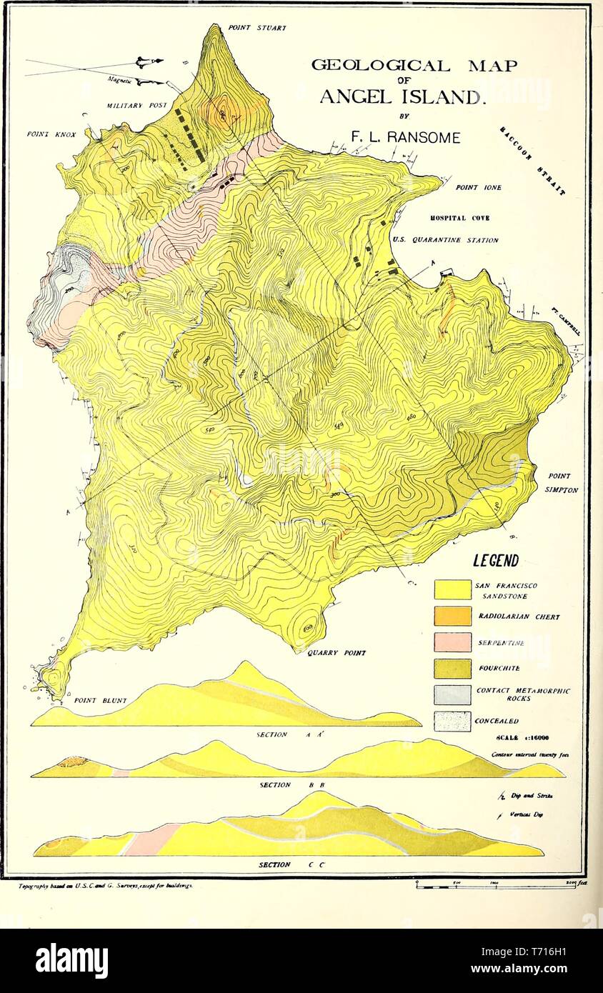 Incisi mappa geologica di Angelo isola nella baia di San Francisco, California, dall'Università della California di Berkeley, Dipartimento di Geologia, 1900. La cortesia Internet Archive. () Foto Stock