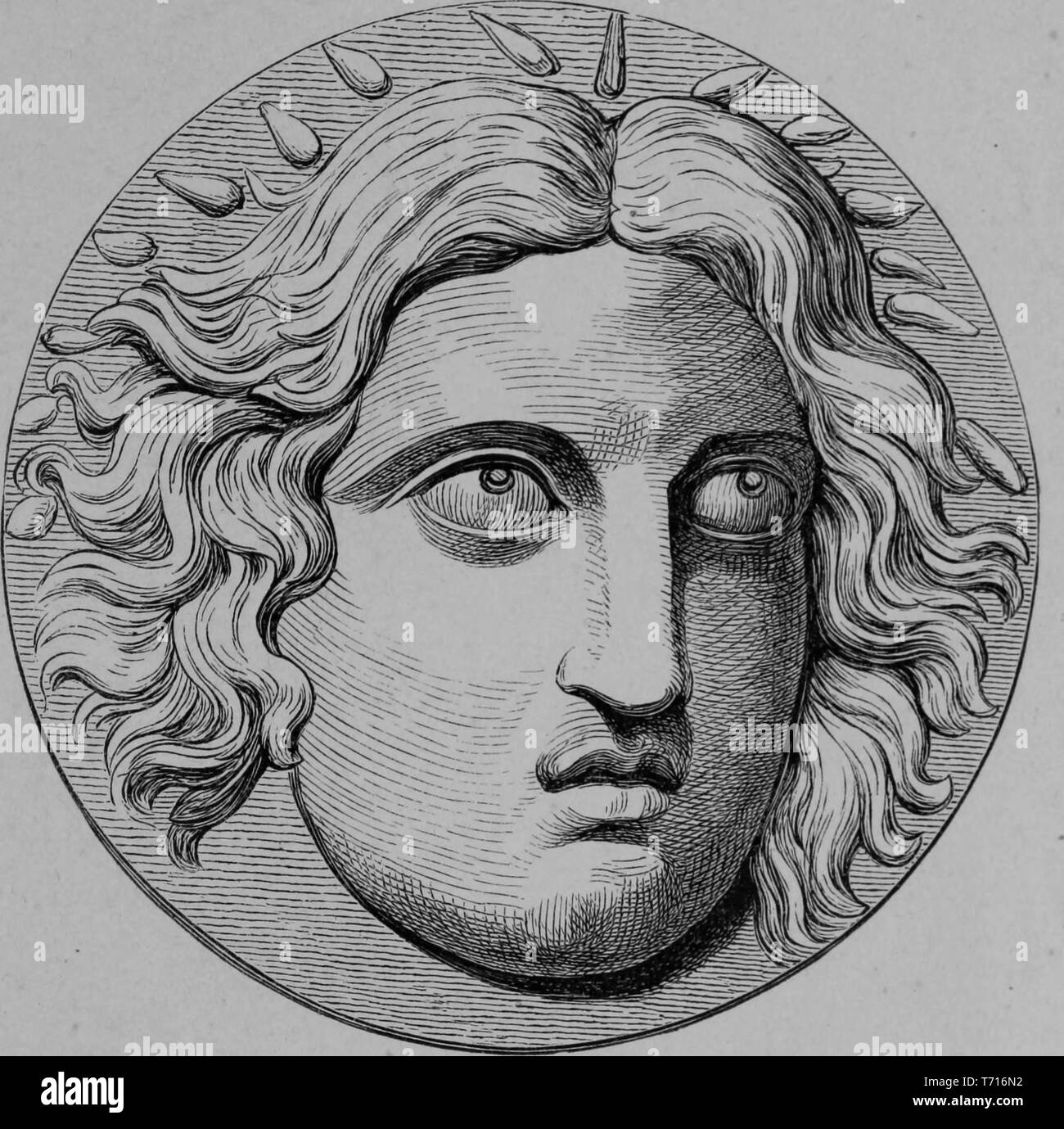 Incisione di testa del Colosso di Rodi, dal libro "lezioni sulla scultura, come consegnati prima del presidente e dei membri della Royal Academy" di John Flaxman, 1865. La cortesia Internet Archive. () Foto Stock