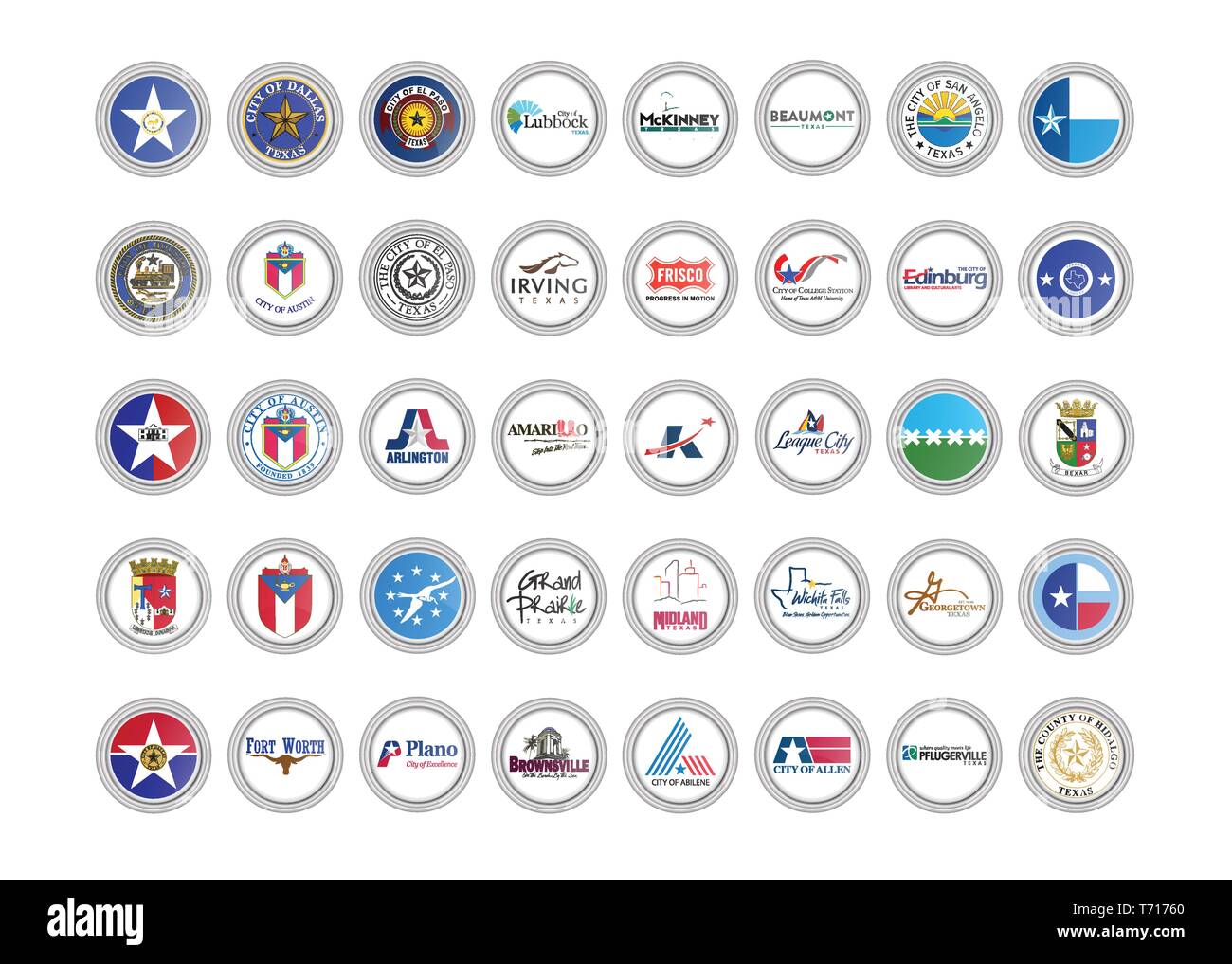 Set di icone vettoriali. Le bandiere e le guarnizioni di tenuta dello stato del Texas, Stati Uniti d'America. 3D'illustrazione. Illustrazione Vettoriale
