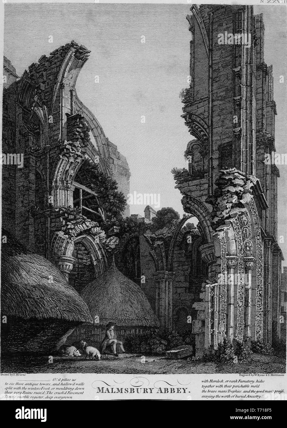 Incisione di rovine di Malmesbury Abbey nel Wiltshire, Inghilterra, dal libro "Antichità di Gran Bretagna' da William Byrne e Thomas Hearne, 1825. La cortesia Internet Archive. () Foto Stock