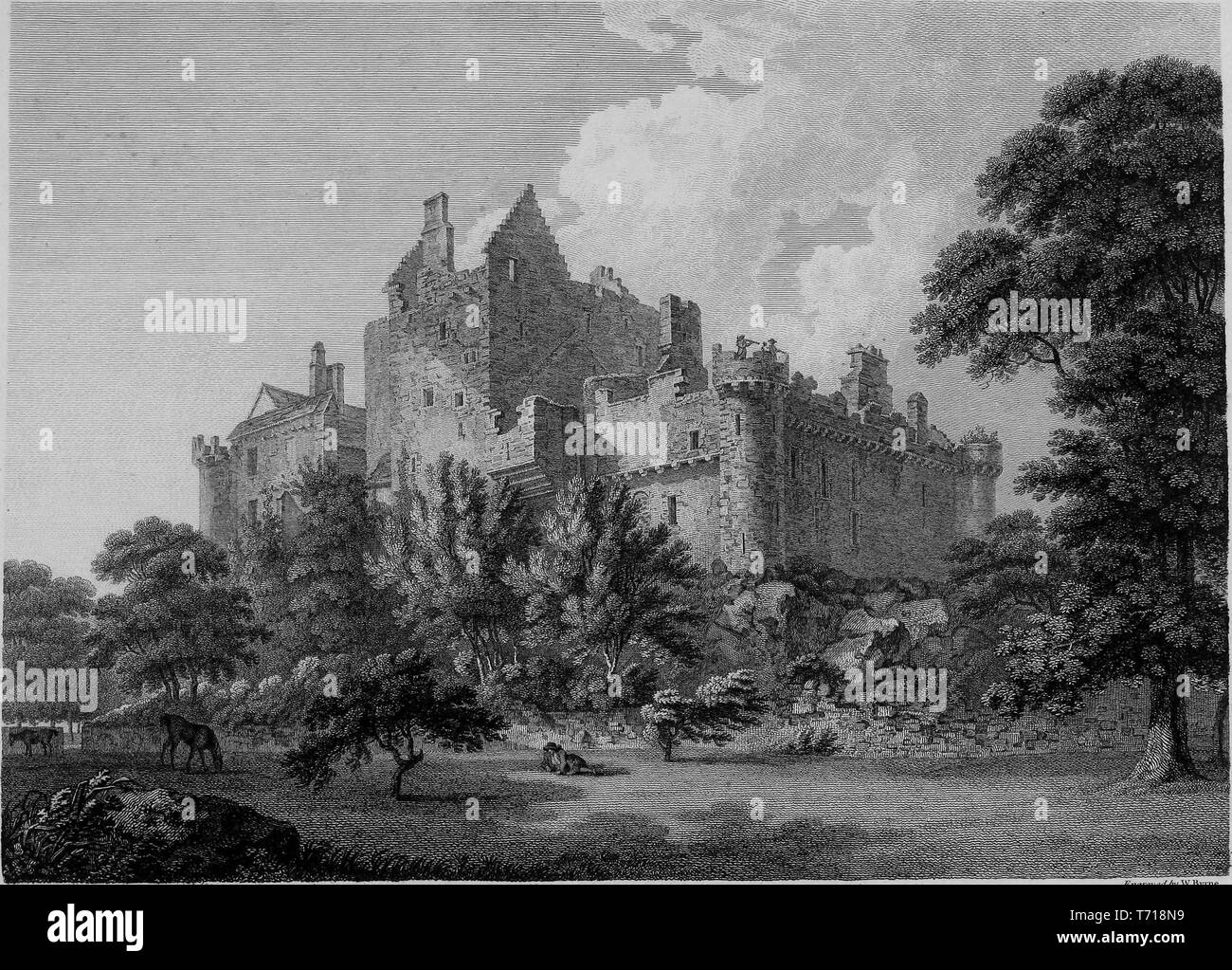 Incisione il Craigmillar Castle di Edimburgo, in Scozia, dal libro "Antichità di Gran Bretagna' da William Byrne e Thomas Hearne, 1825. La cortesia Internet Archive. () Foto Stock