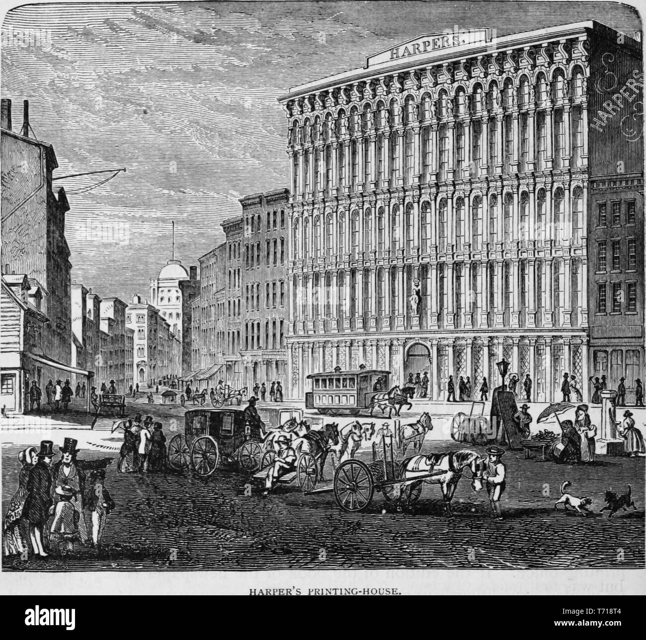 Incisione del Harper's printing house su Franklin Square, New York City, dal libro "storia industriale degli Stati Uniti fin dai primi insediamenti per il tempo presente" da Albert Sidney Bolles, 1878. La cortesia Internet Archive. () Foto Stock