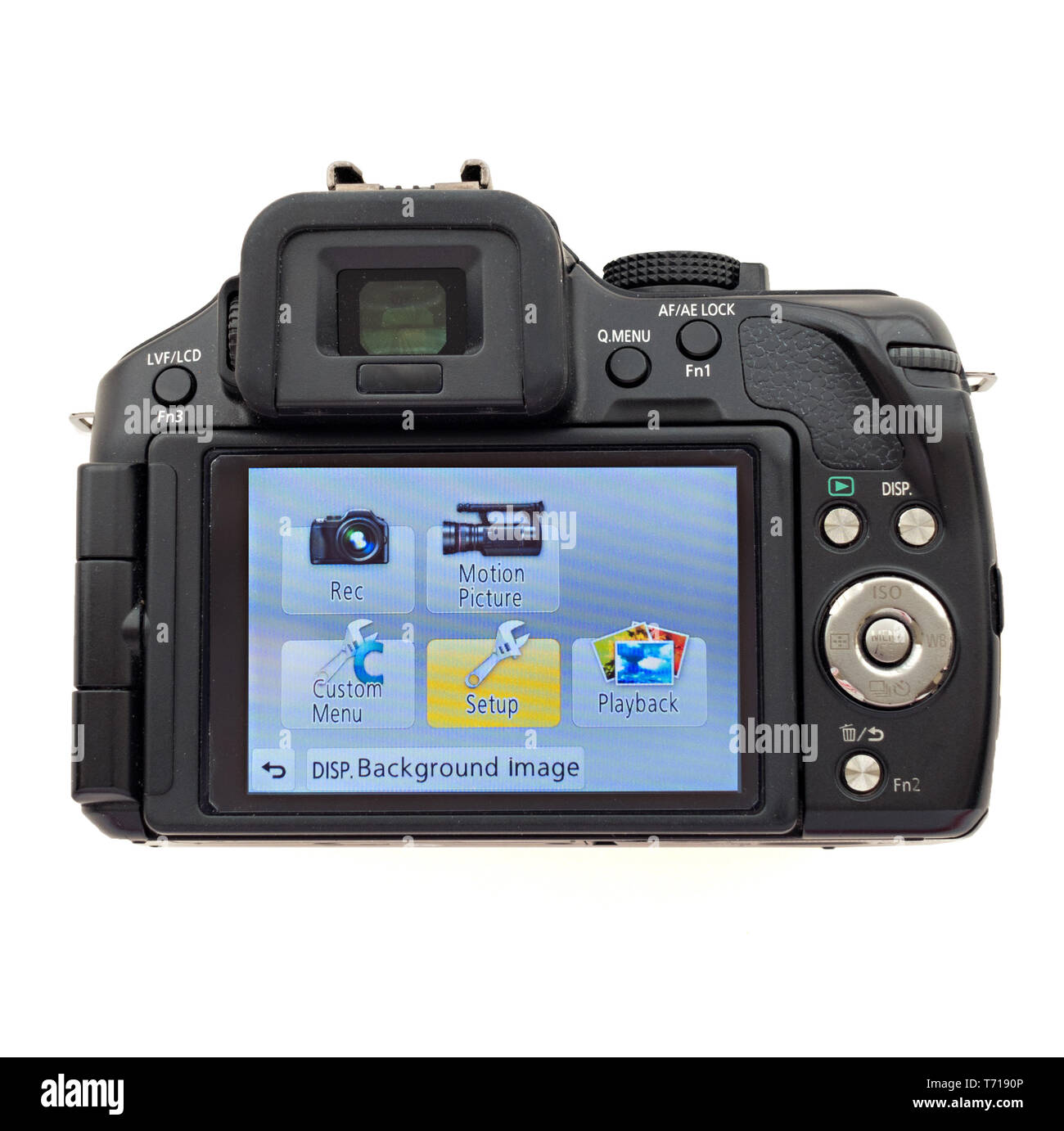 Parte posteriore del display LCD schermo di Panasonic Lumix G5 fotocamera digitale mostra home page menu schermo. Foto Stock
