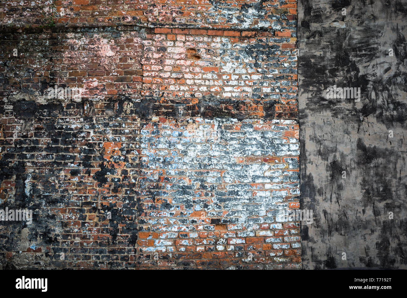 Il vecchio muro di mattoni dal lato di un edificio demolito rivelando la vecchia vernice e gesso. Ottimo per un grungy sfondo. Foto Stock