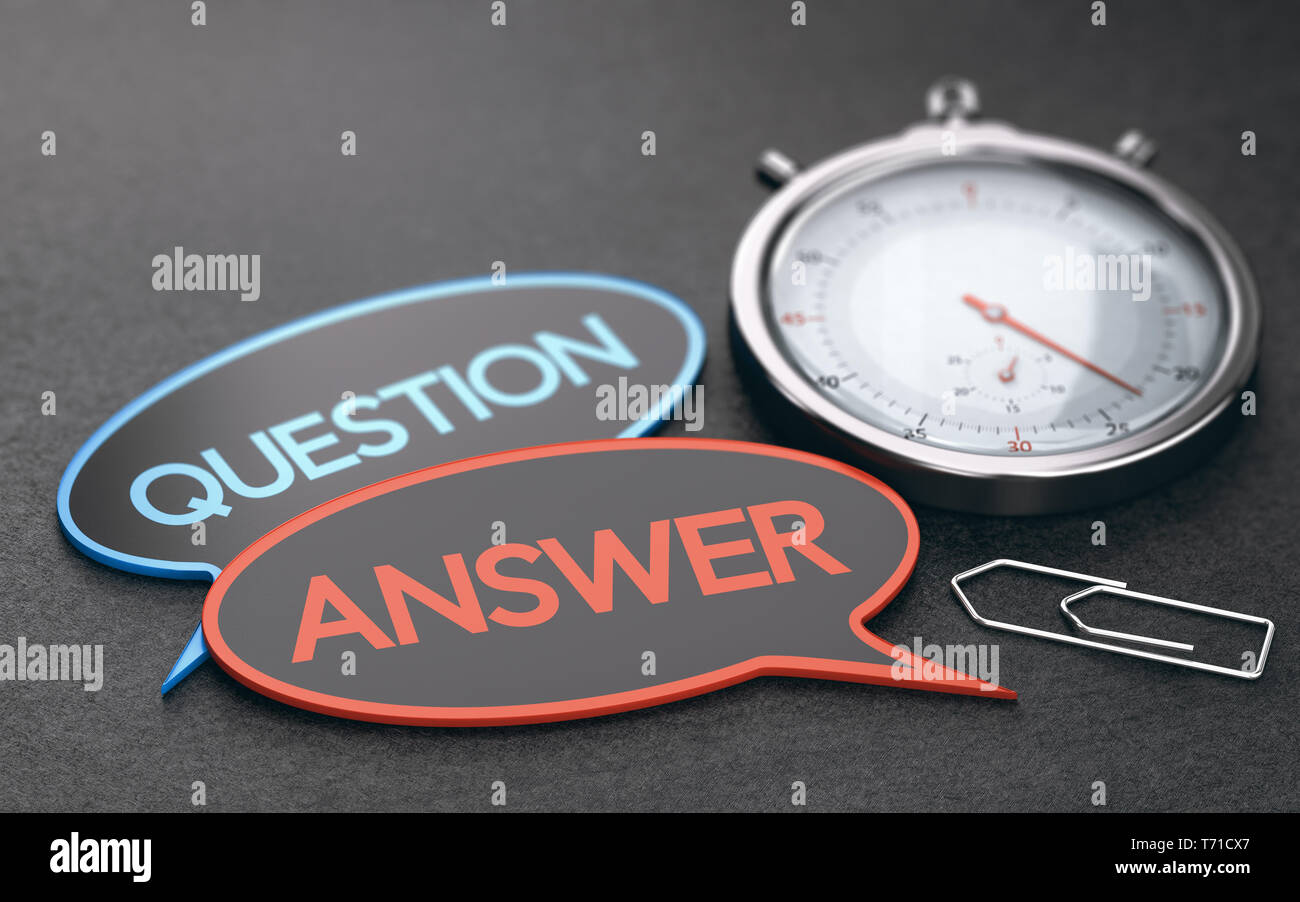 Il cronometro su sfondo nero con il discorso di bolle con le parole domanda e risposta. Concetto di servizio al cliente i tempi di attesa. 3D illustrazione Foto Stock