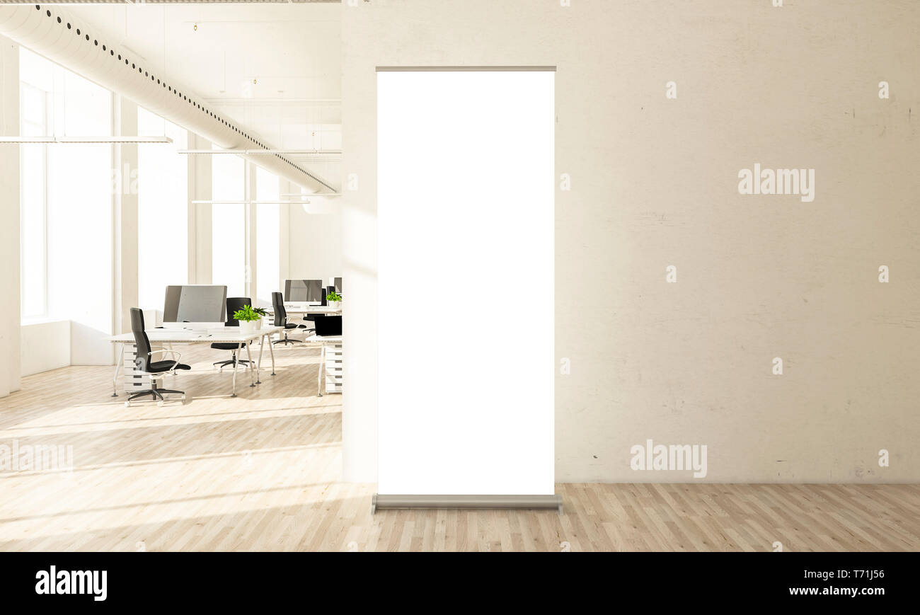 Blank Roll up banner in ufficio minimo 3d rendering Foto Stock