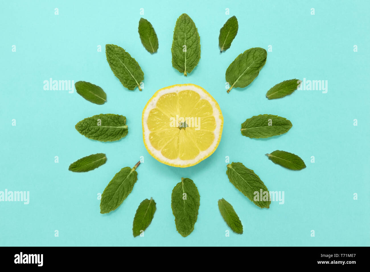 Fettina di limone con foglie di menta. Minimo di sole estivo concetto, laici piana. Foto Stock