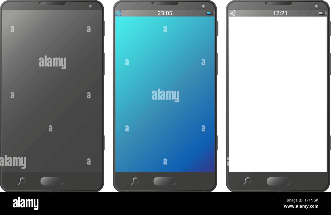 Telefono cellulare, smartphone isolato con nero, blu e schermo trasparente con gradienti, sfondo trasparente, vettore Illustrazione Vettoriale