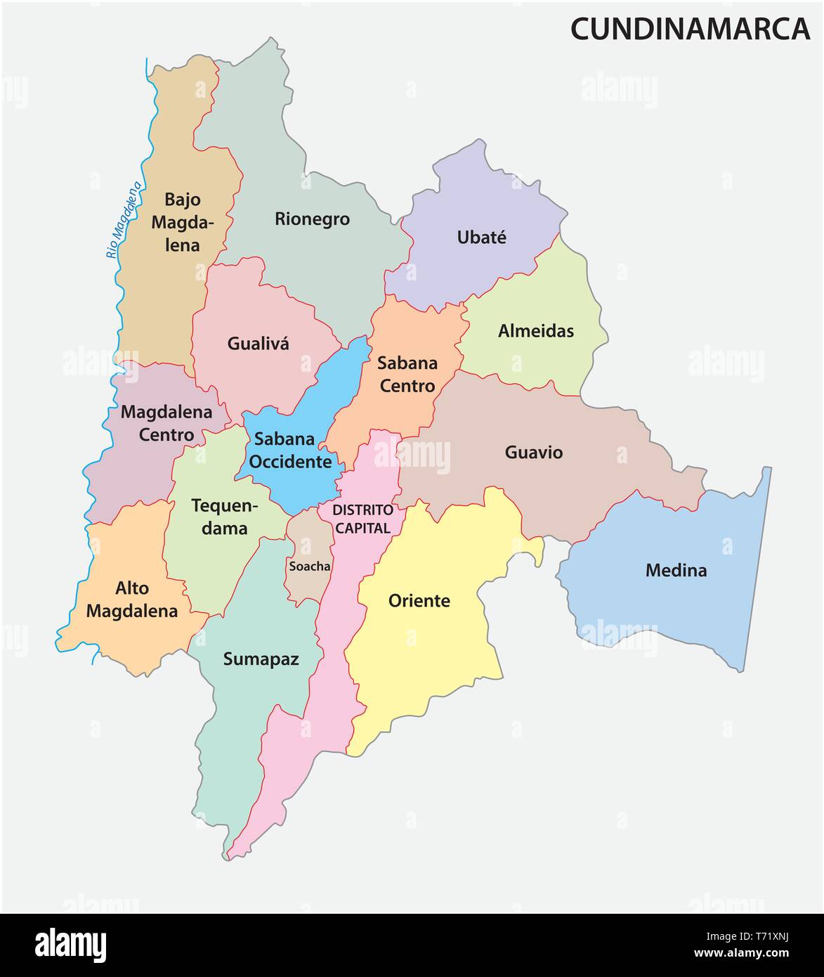 Politica e amministrativa di mappa vettoriale del dipartimento colombiano di Cundinamarca Illustrazione Vettoriale