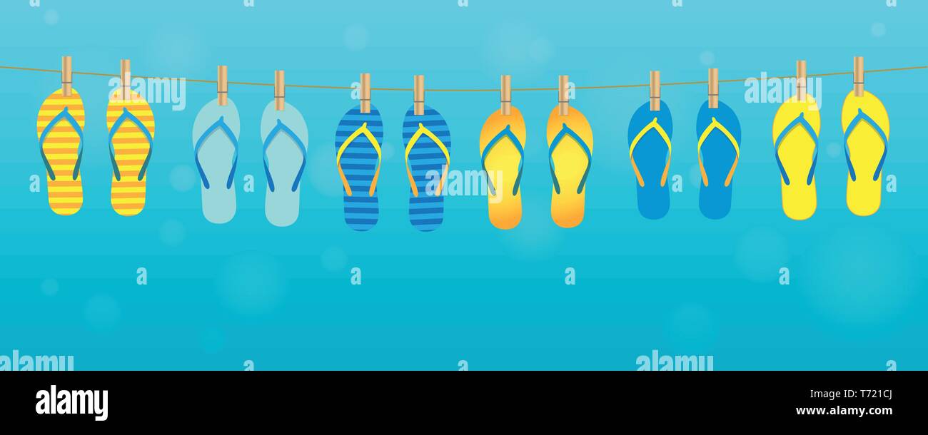 Pattern colorati flip flop appeso a una fune su sfondo turchese vacanze estate design illustrazione vettoriale EPS10 Illustrazione Vettoriale