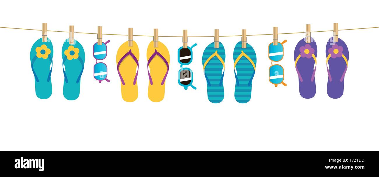 Pattern colorati infradito e occhiali da sole appeso a una fune su sfondo bianco vacanze estate design illustrazione vettoriale EPS10 Illustrazione Vettoriale