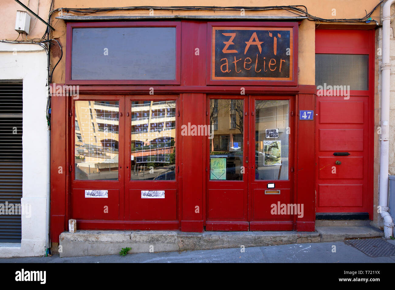 Atelier Zaï, 47 Rue des Farges, Vieux Lyon, Lione, Francia. esterno di un art studio Foto Stock