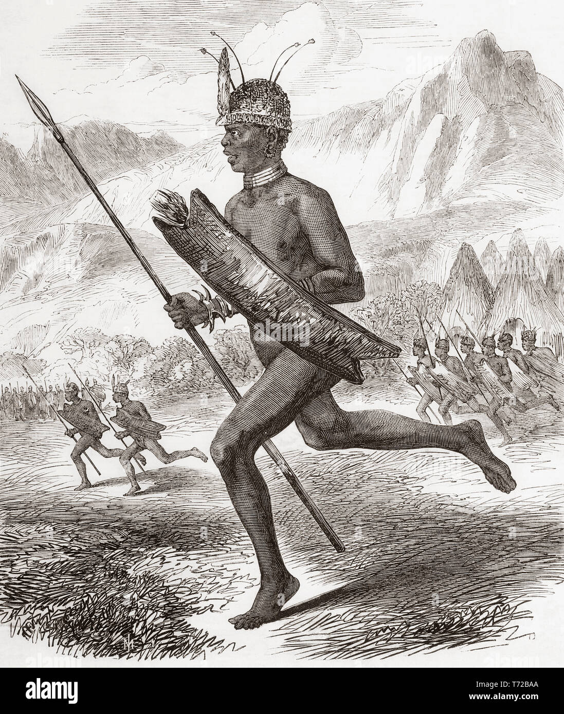 Commoro, il capo della tribù Latooka. Samuel Baker ha incontrato questi Madi persone durante la sua esplorazione dell Africa centrale nel 1864. Dal Illustrated London News, pubblicato 1865. Foto Stock