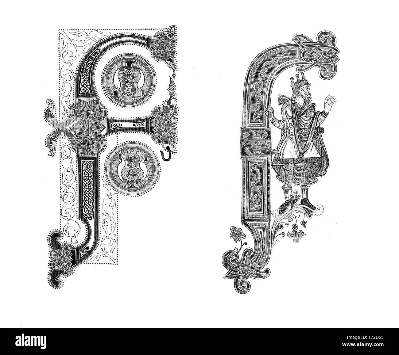 Due campioni di capitali F decorate lettera in miniatura del IX secolo Foto Stock
