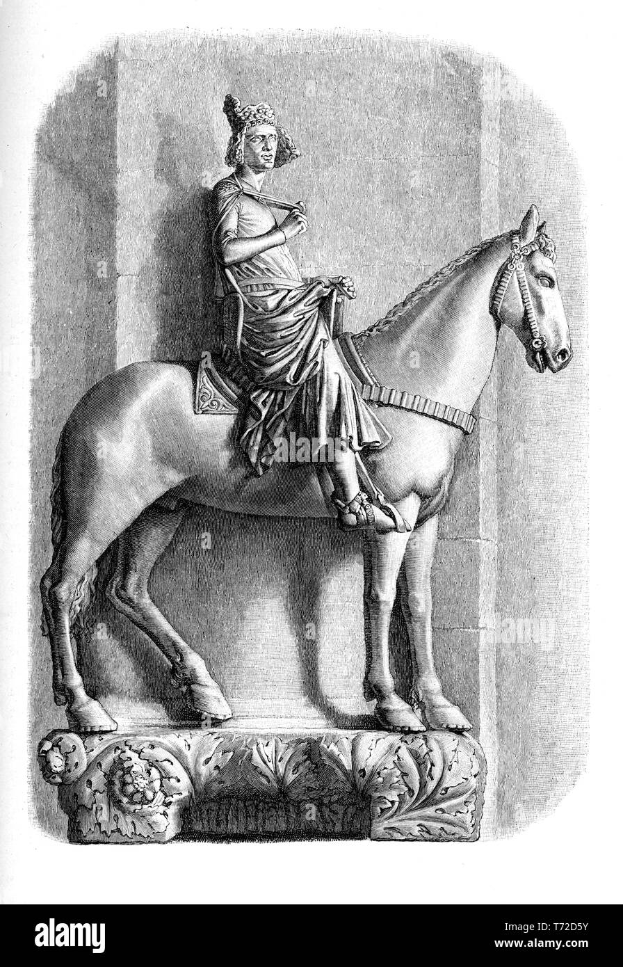 La Bamberg Horseman è una pietra scolpita la statua di un cavaliere a cavallo probabilmente il re ungherese Stefano I nella Cattedrale di Bamberga del XIII secolo Foto Stock