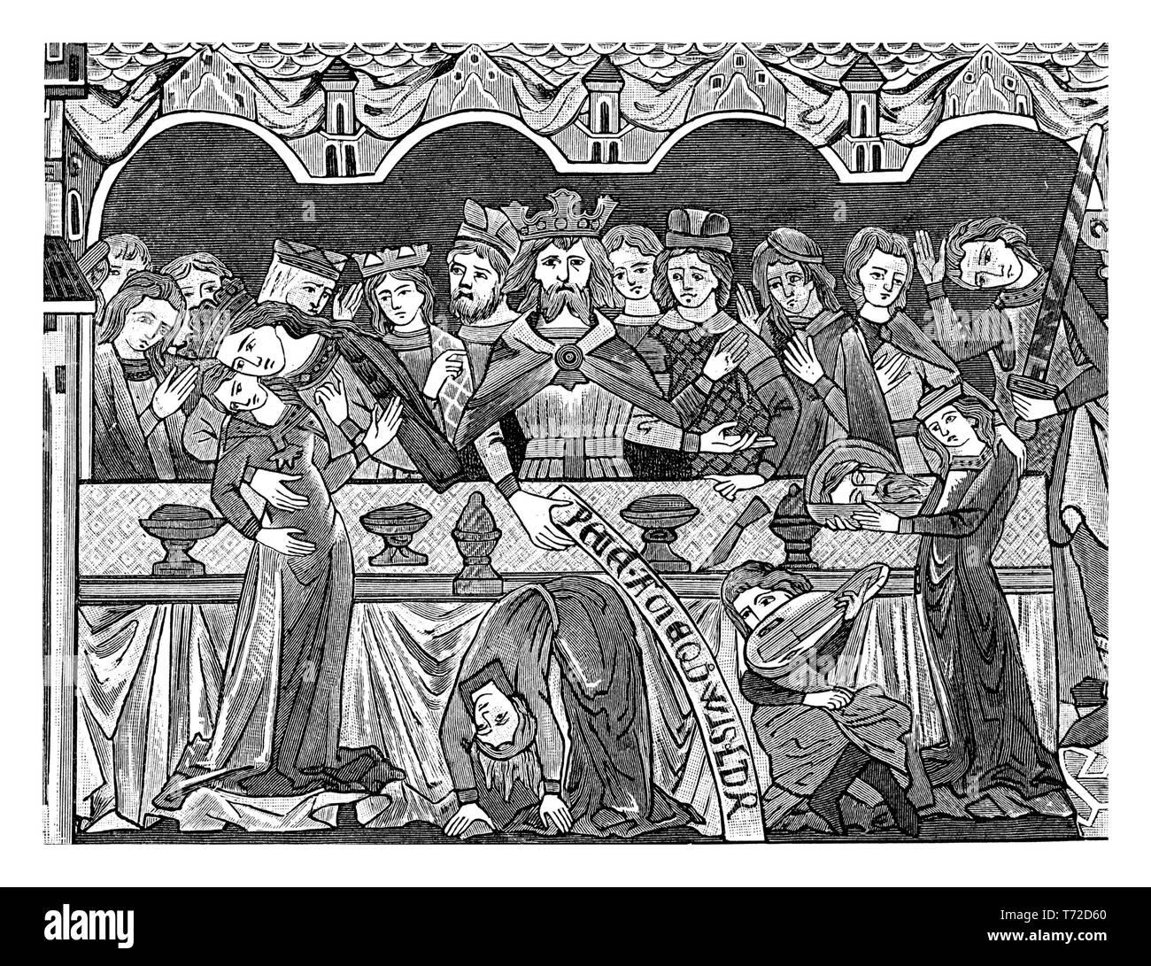 Incisione di una pittura murale nel coro della cattedrale a Brunswick: Herods tabella in costumi medievali con Giovanni Battista la testa essendo portato su un vassoio Foto Stock