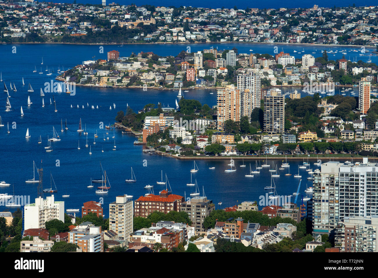 Vista aerea della baia di Keltie Darling il punto e il punto Piper dall occhio della Torre di Sydney, Nuovo Galles del Sud, Australia. Foto Stock
