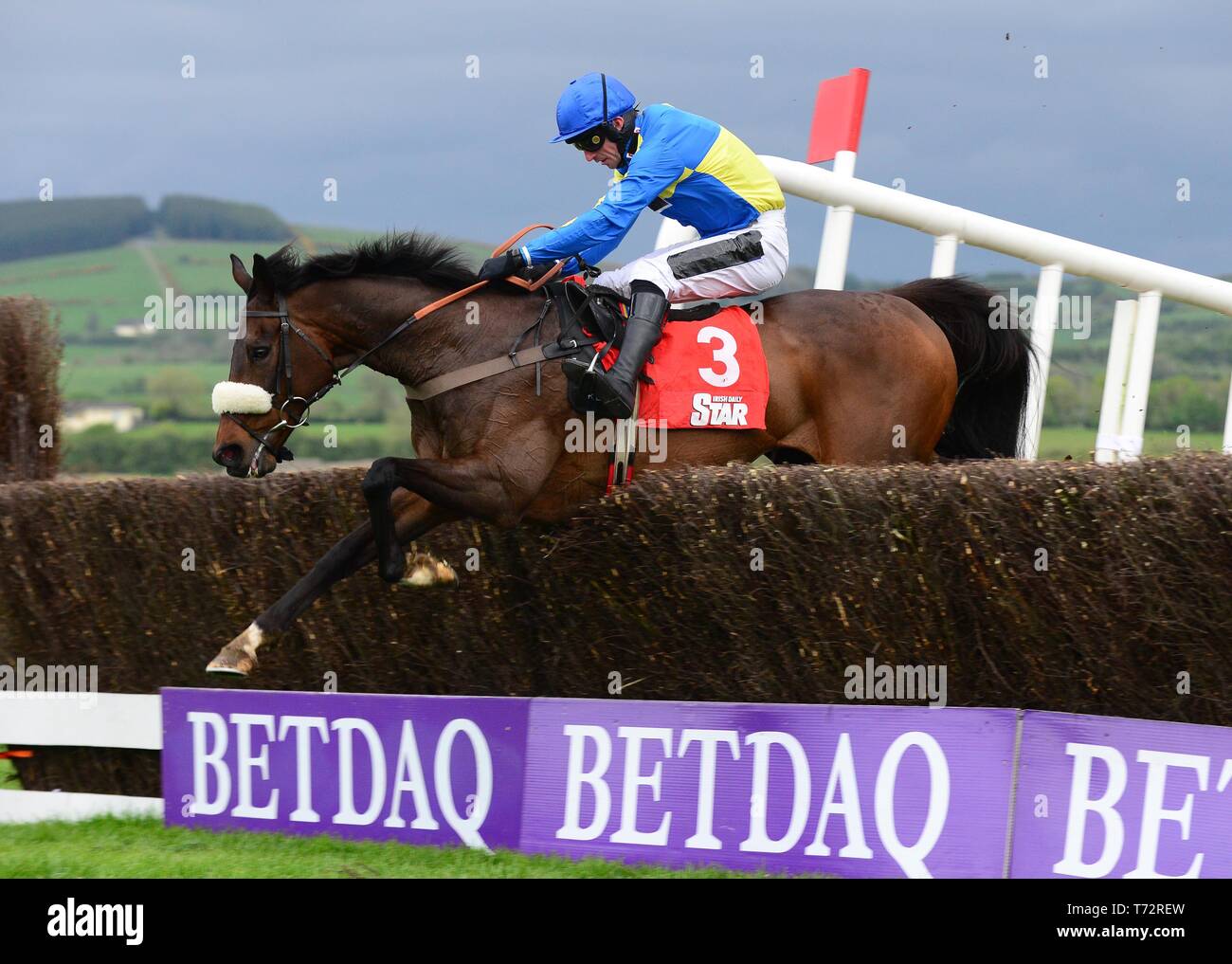 Caid Du Berlais e Biddick saltare gli ultimi a vincere il campione cacciatori siepi durante il giorno quattro del Punchestown Festival di Punchestown Racecourse, nella contea di Kildare, Irlanda. Foto Stock