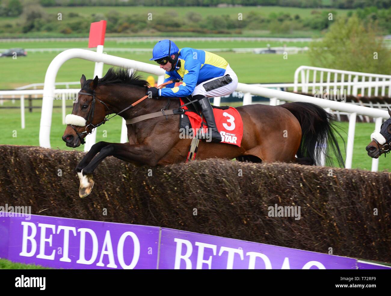 Caid Du Berlais e Biddick saltare gli ultimi a vincere il campione cacciatori siepi durante il giorno quattro del Punchestown Festival di Punchestown Racecourse, nella contea di Kildare, Irlanda. Foto Stock