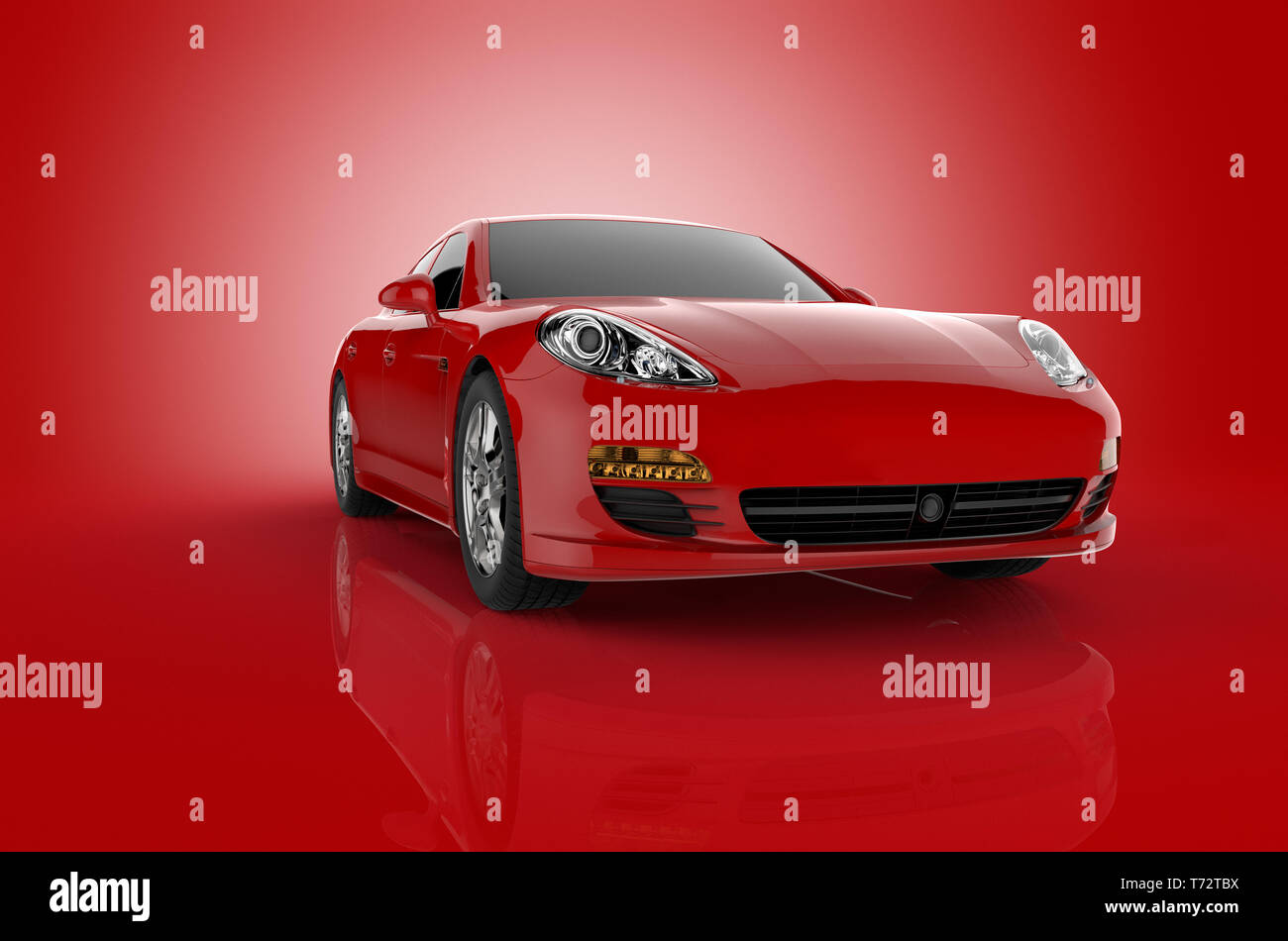3D rendering di un auto sportiva rossa su uno sfondo rosso Foto Stock