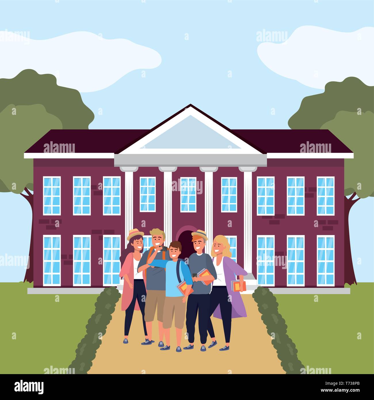 La millenaria gruppi studenti bionda uomo e donna utilizza lo smartphone tenendo selfie sul campus di sfondo illustrazione vettoriale graphic design Illustrazione Vettoriale