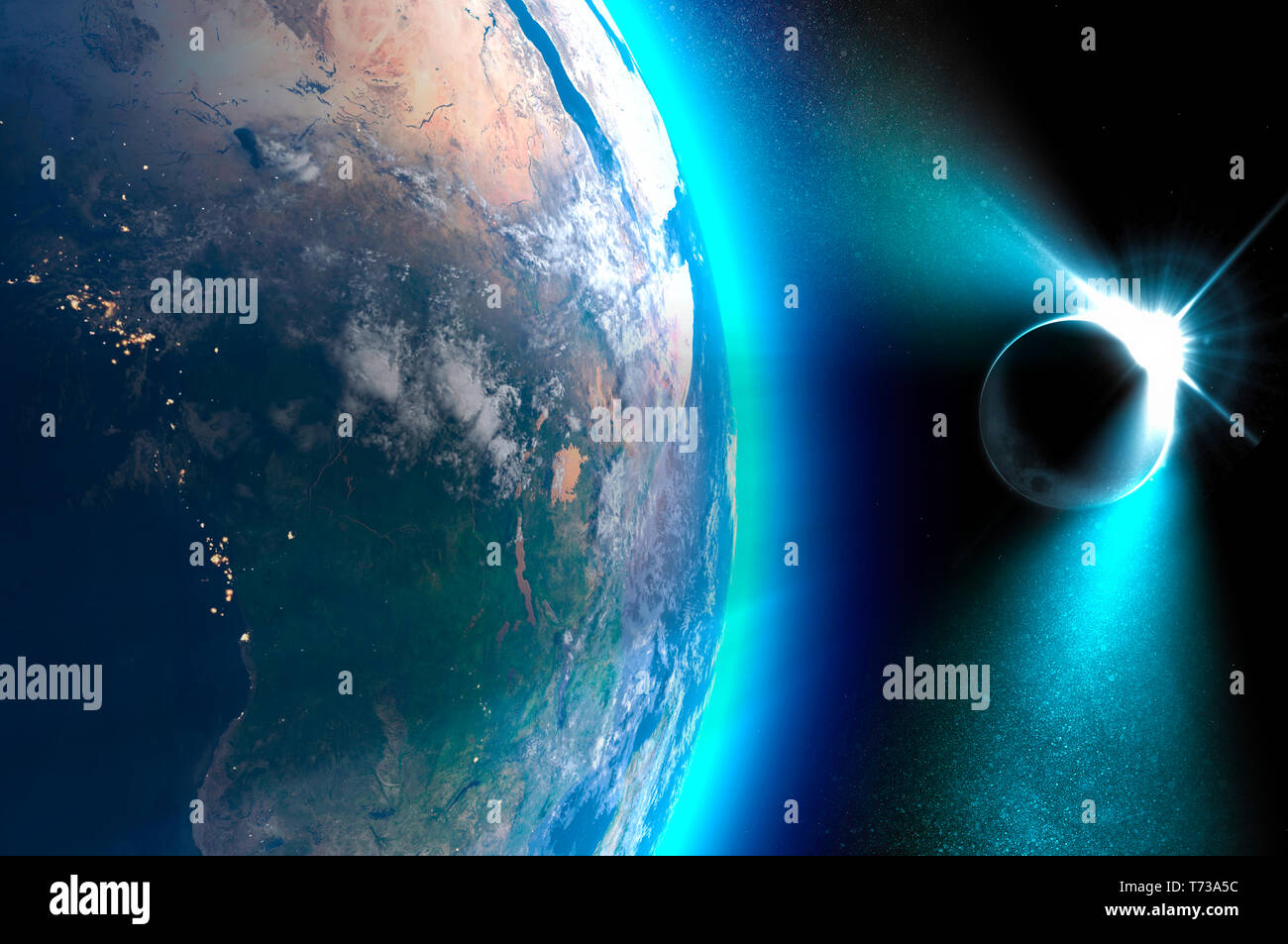 Vista satellitare della terra durante un eclissi solare. Si verifica quando l ombra della luna che completamente o in parte i blocchi parzialmente il sole sulla terra Foto Stock