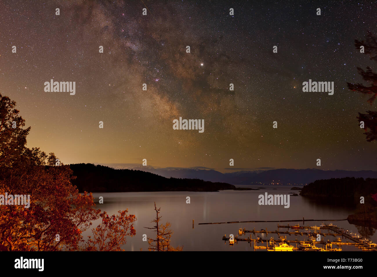 Via Lattea con Giove sopra spirito Bay-East Sooke, British Columbia, Canada. Foto Stock