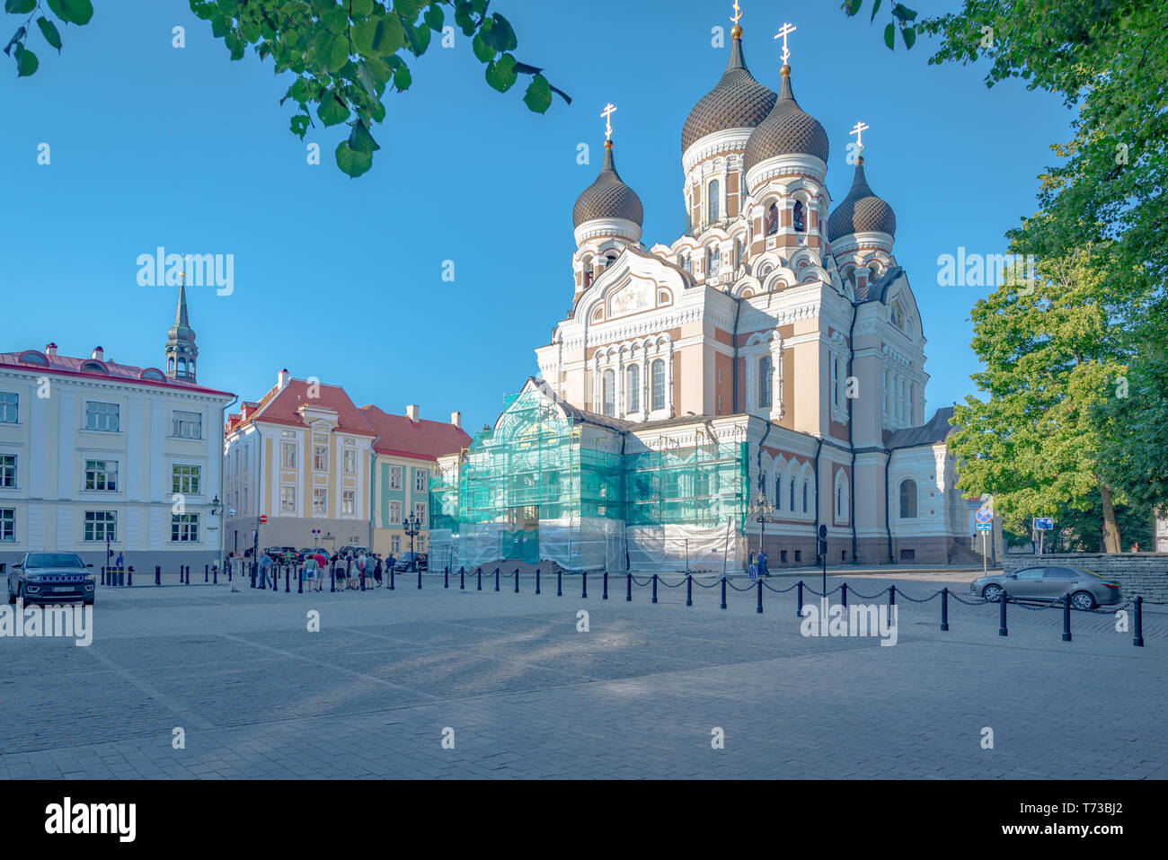 Vista sul Alexandre Nevsky incorniciata da rami di albero presa su una soleggiata giornata estiva alla fine del pomeriggio, Tallinn, Estonia Foto Stock