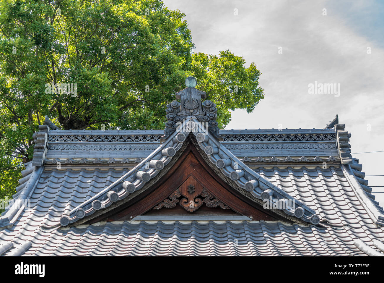 Furukoku Akiba santuario. Dettaglio del tetto. Gable pendant (Omogegyo), Kudarigegyo e Oni-ita (ornamento pezzo sulla parte superiore della cresta principale). Situato in Chuo Dori (Omo Foto Stock