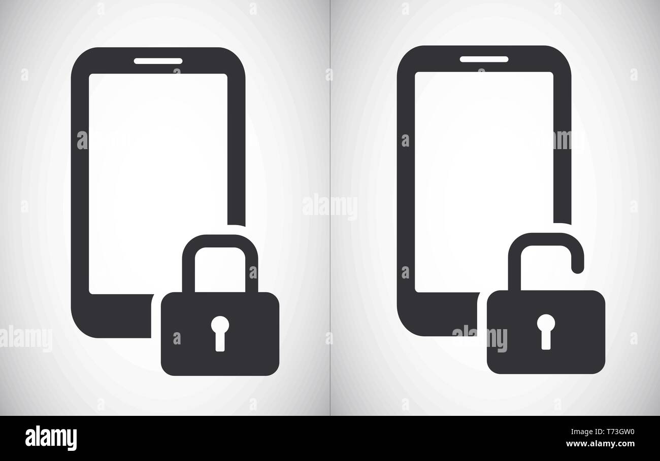 Sicurezza bloccato e sbloccato smartphone tablet per protezione icone vettoriali simbolo Illustrazione Vettoriale