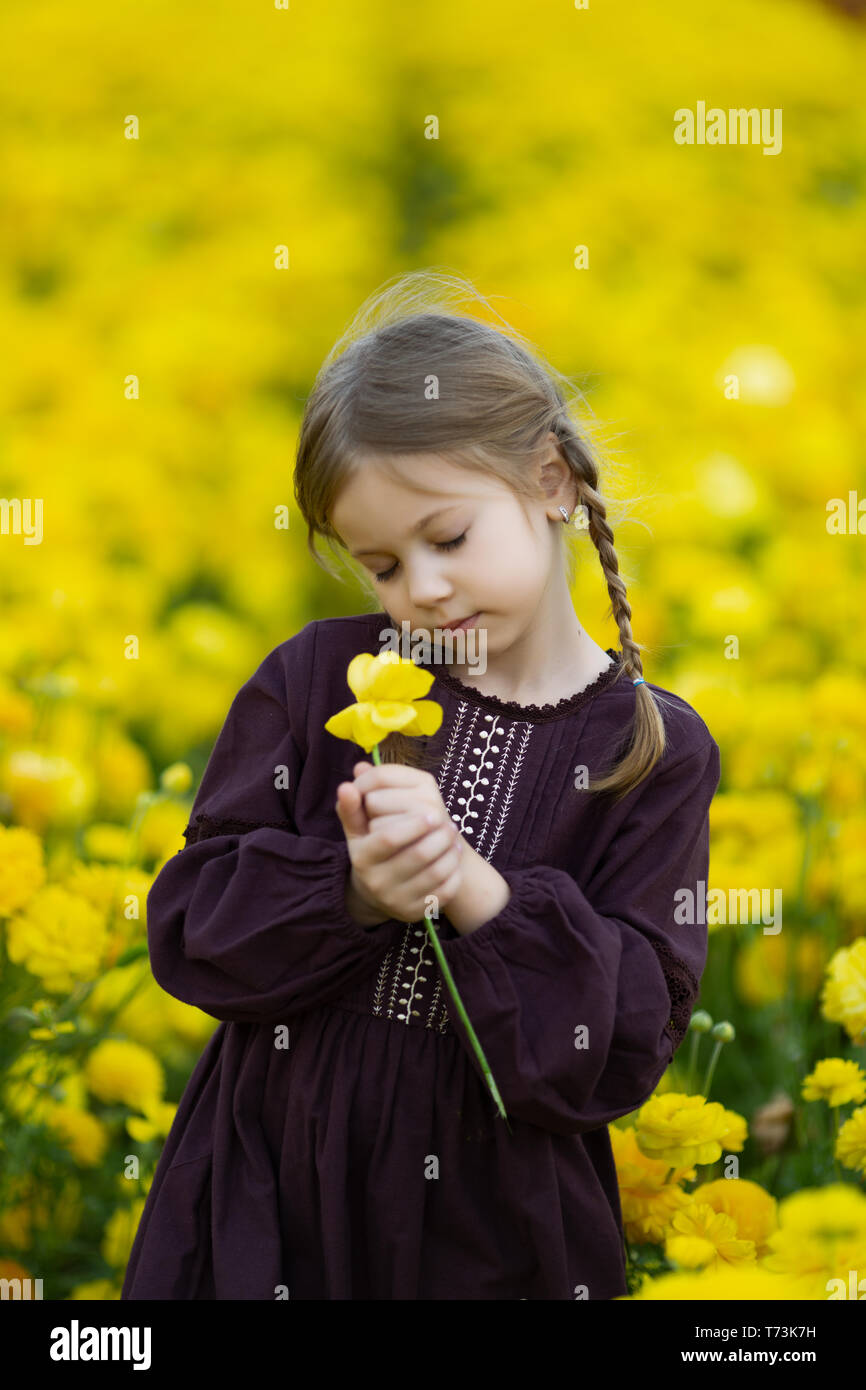 Trasognata piccola ragazza in un abito di Borgogna con gli occhi chiusi, tenendo un fiore giallo Foto Stock