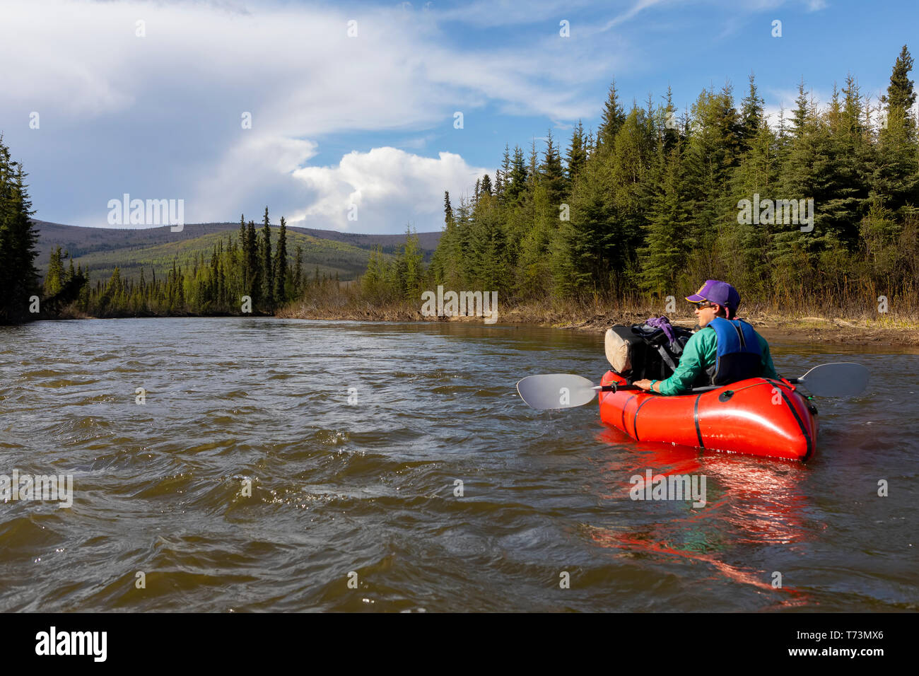 Donna packrafting giù Beaver Creek, Nazionale Wild e Scenic Fiumi Sistema, White Mountains National Recreation Area, Interior Alaska Foto Stock