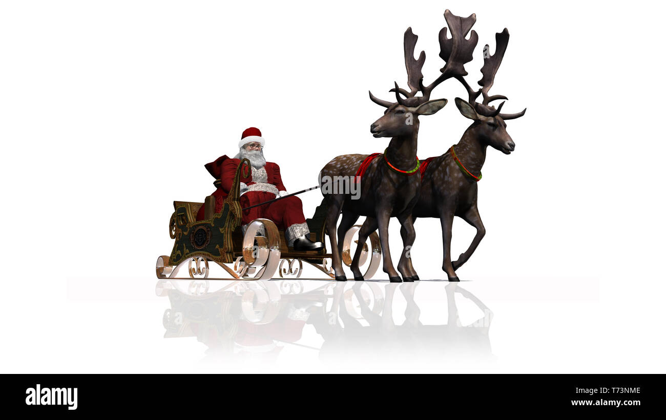 Babbo Natale con la slitta e le renne - isolato su sfondo bianco Foto Stock