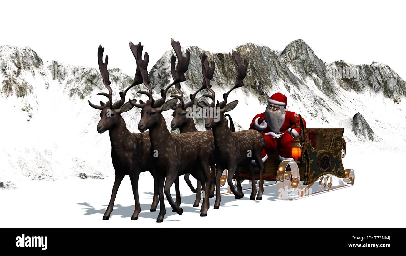 Babbo Natale con la slitta e le renne di fronte montagne innevate Foto Stock