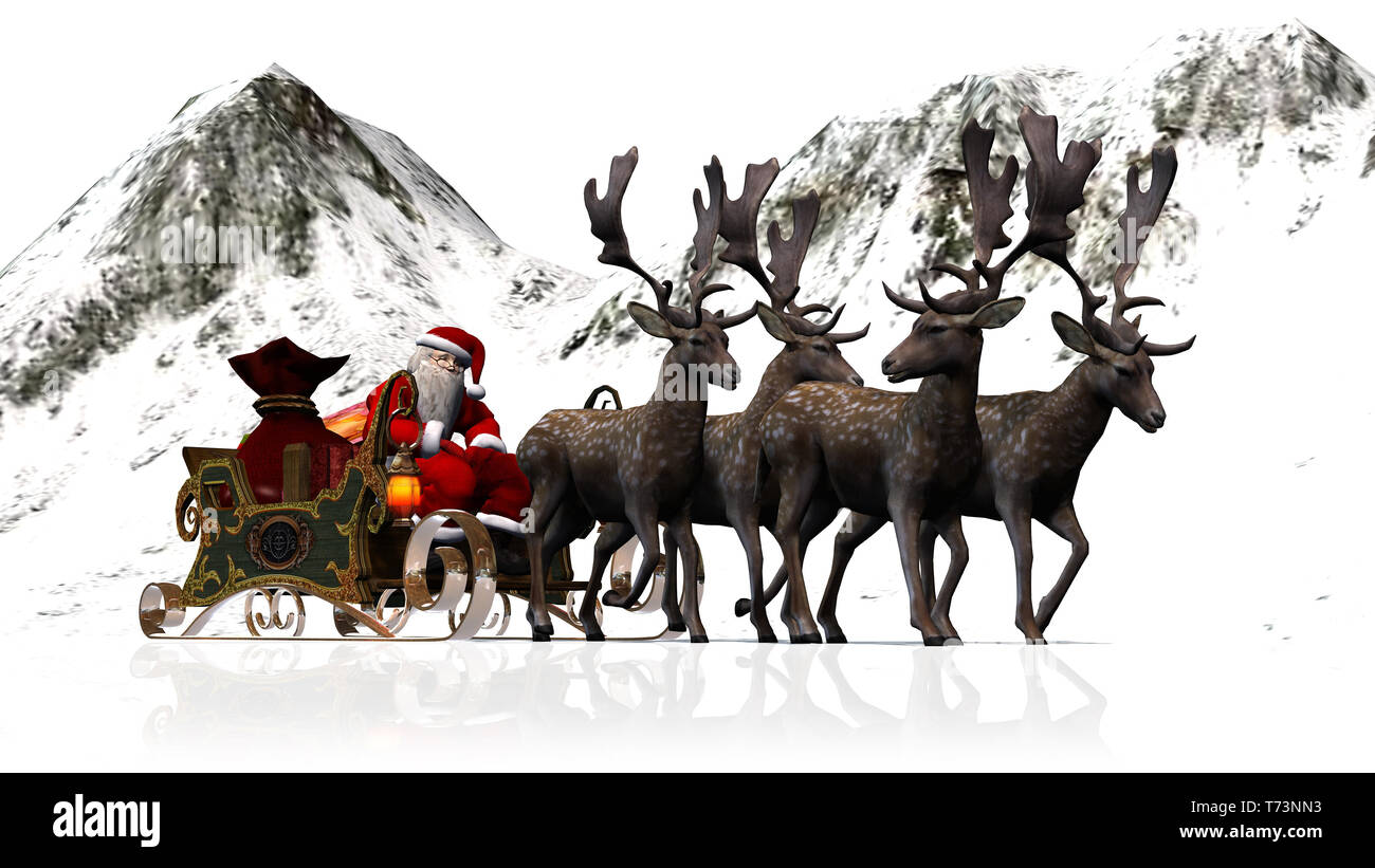 Babbo Natale con la slitta e le renne di fronte montagne innevate Foto Stock