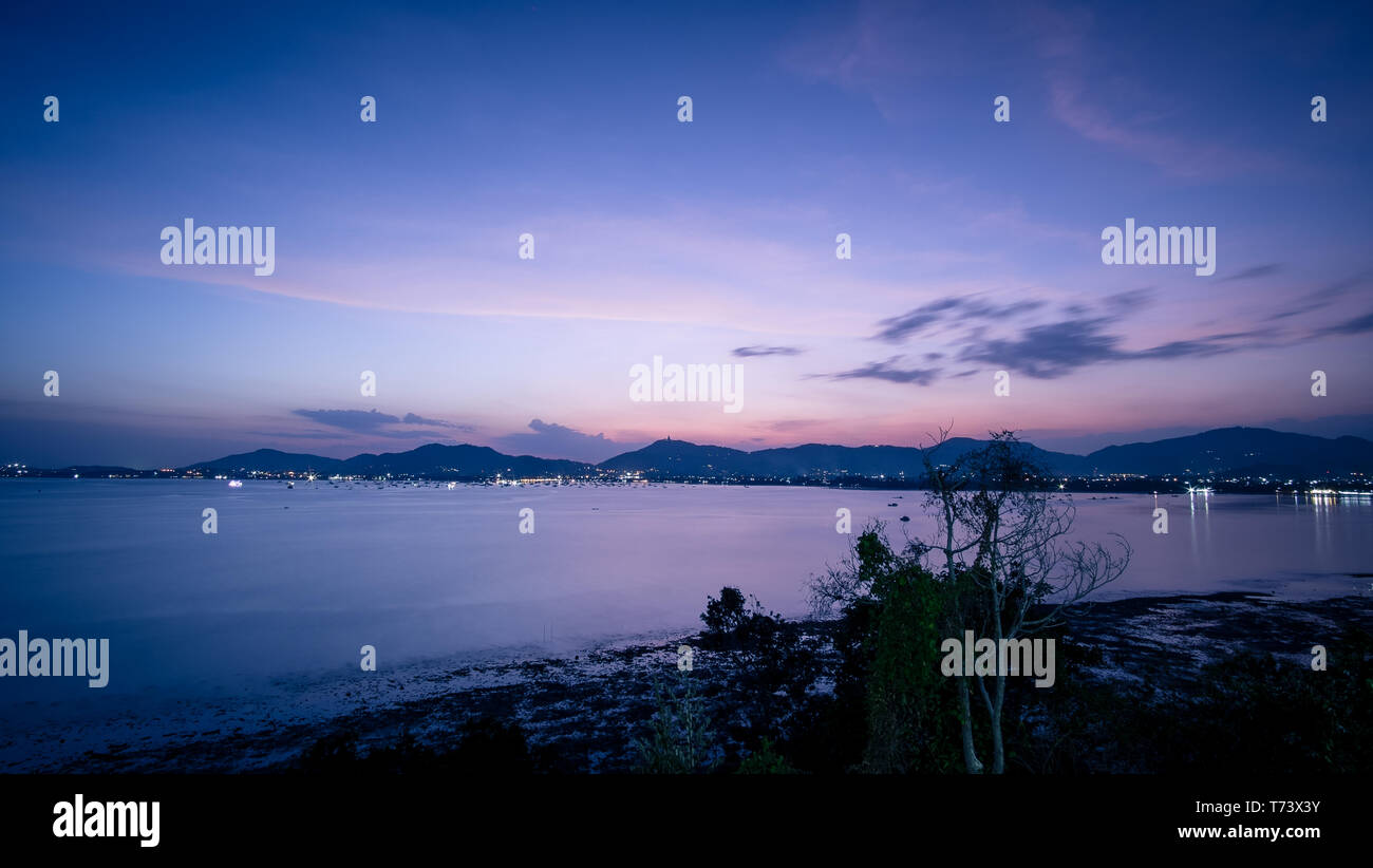 Tramonto al mare con una silhouette di albero su un cielo colorato. Foto Stock