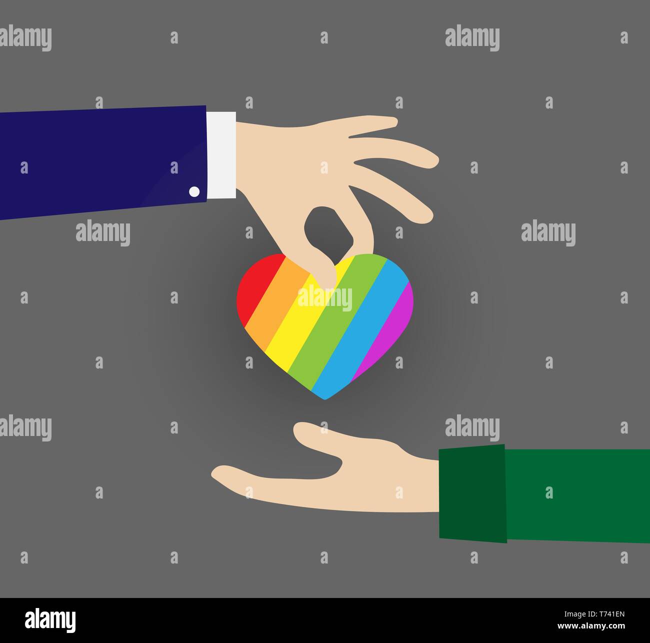 Cuore con i colori di LGBT passati di mano in mano, design piatto Illustrazione Vettoriale