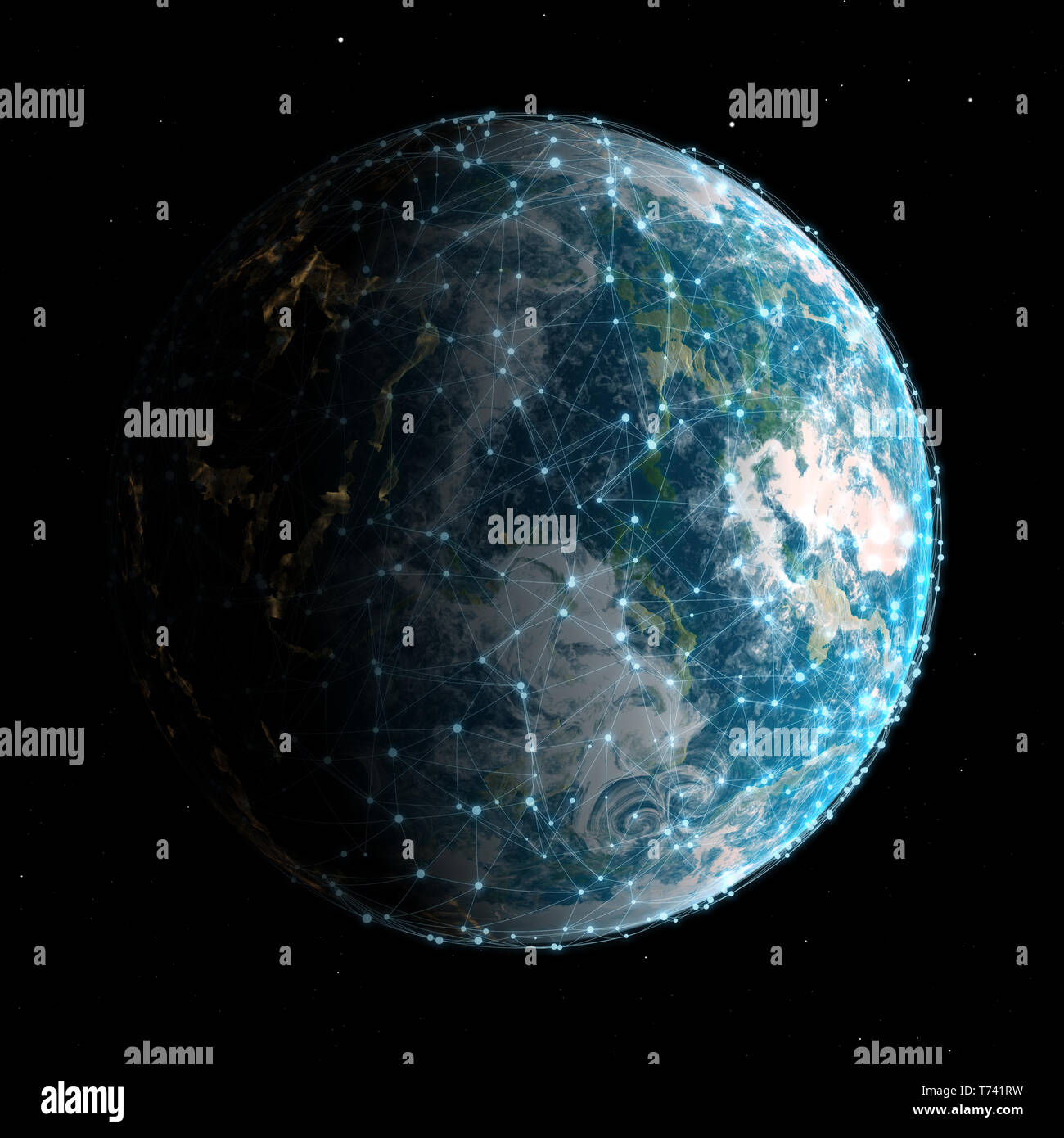 3D render globali di una tecnologia e di comunicazioni di rete sullo sfondo Foto Stock