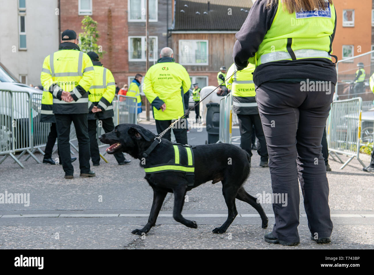 Hibs vs cuori, Easter Road Stadium, polizia, G4S sala di controllo per la sicurezza funzione, ventole, Barney lo sniffer dog Foto Stock