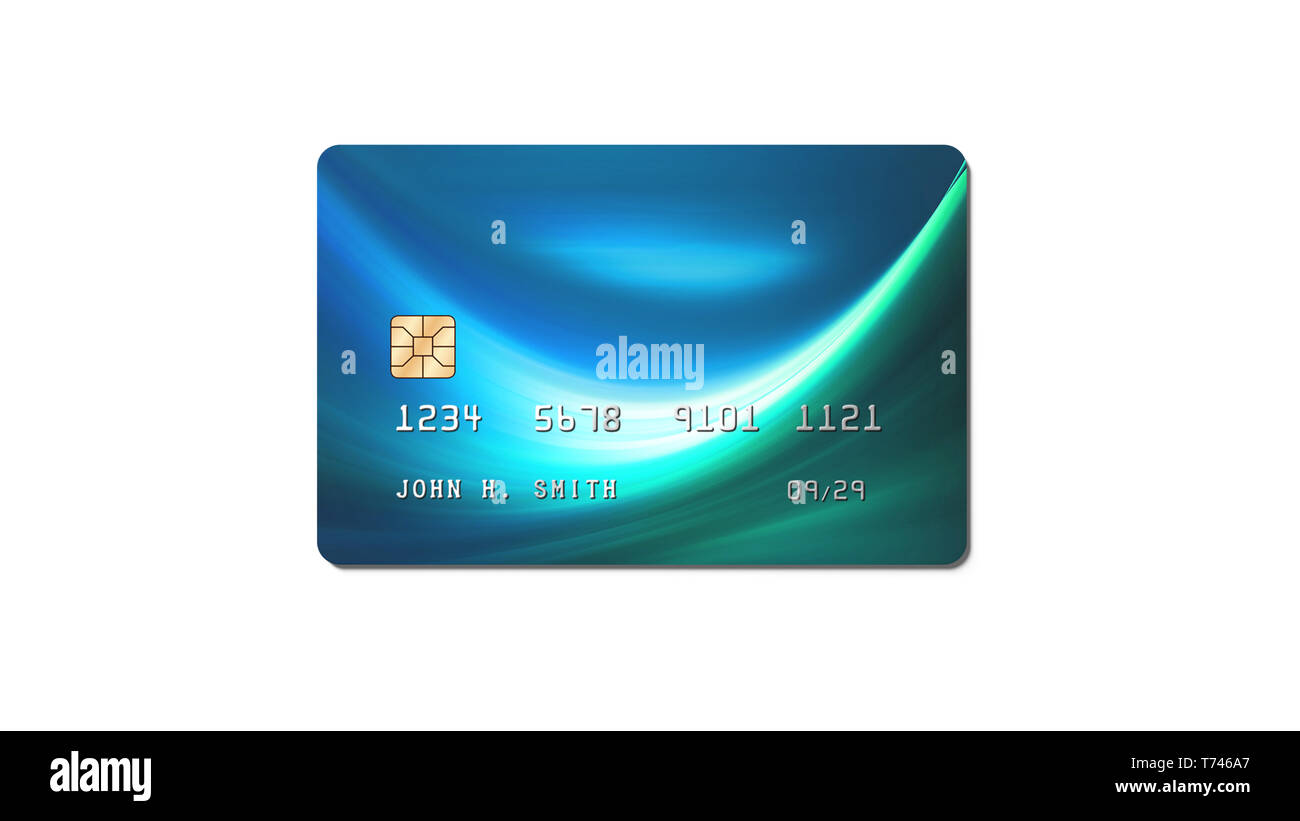 Carta di credito, plastica carta di pagamento con chip isolati su sfondo bianco, vista frontale, rendering 3D Foto Stock