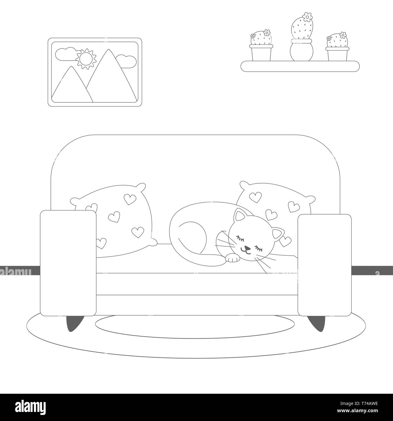 Carino bel bianco e nero cartoon con gatto sdraiato sul divano illustrazione vettoriale per la colorazione di arte Illustrazione Vettoriale