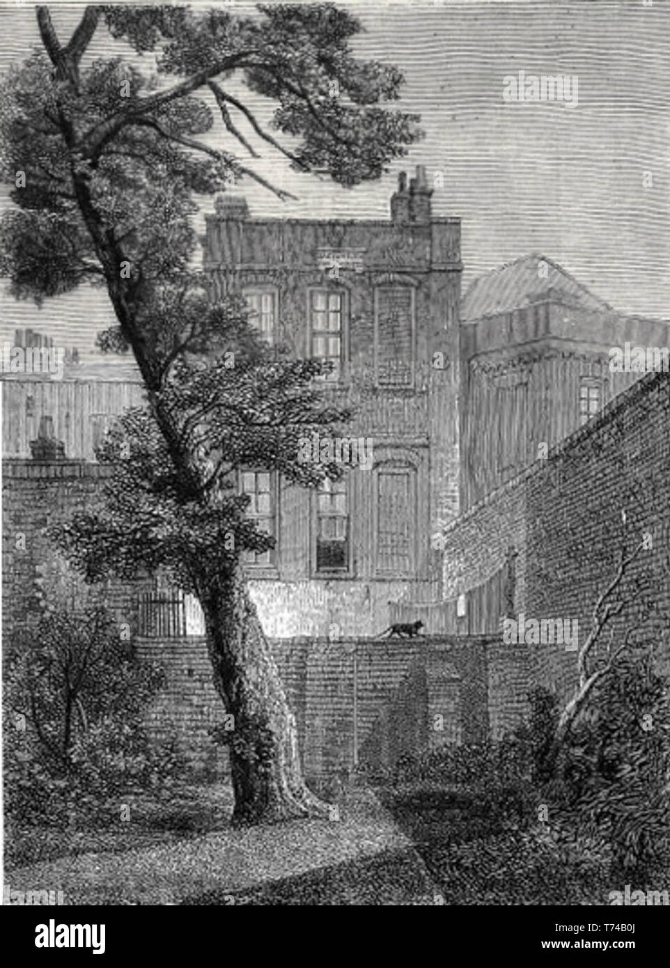 Il retro del n. 19 York Street (1848). John Milton visse nel 'il grazioso giardino-casa' in Petty Francia, Westminster. In seguito divenne n. 19 York Street, per al tempo appartenne a Jeremy Bentham, e fu occupata in tempi diversi da James Mill e John Stuart Mill, Jeremy Bentham e William Hazlitt| prima di essere demolita nel 1877 Foto Stock