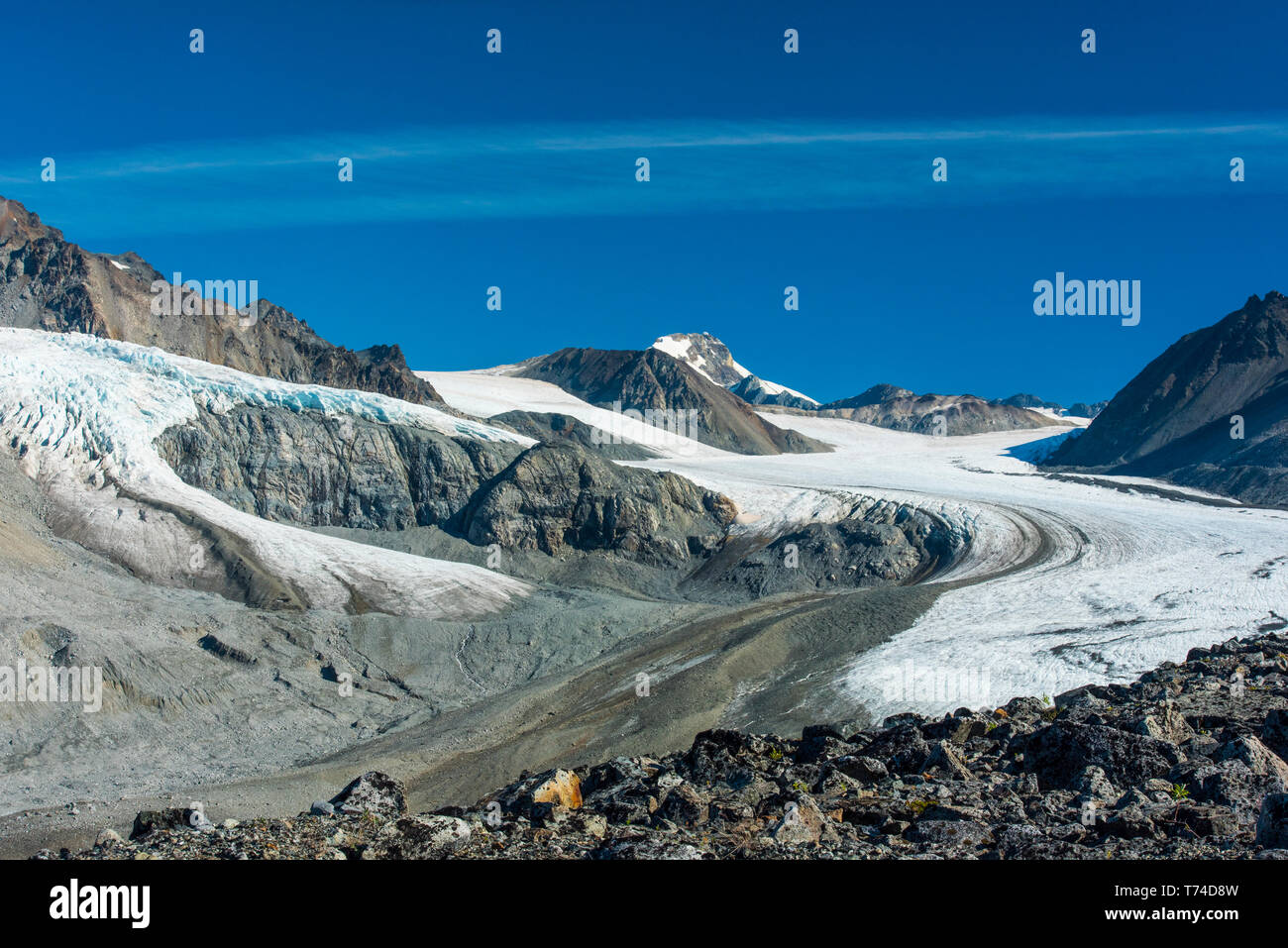 Ghiacciaio Gulkana valle nella parte orientale di Alaska Range nel centro-sud della Alaska in un assolato pomeriggio estivo; Alaska, Stati Uniti d'America Foto Stock