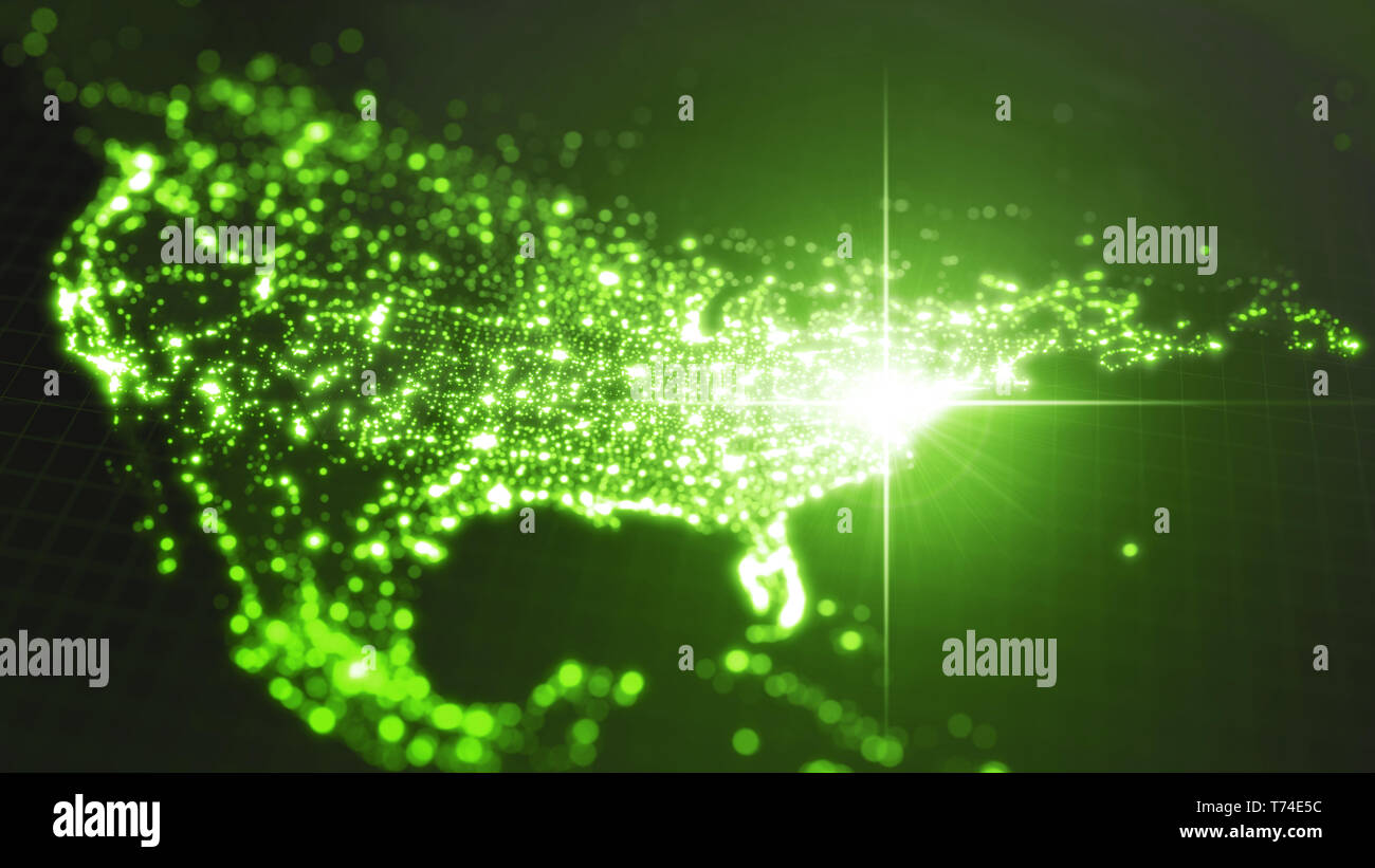 Potenza di america, fascio di energia su Washington. mappa scuro con la città illuminata e densità umana aree. 3d illustrazione Foto Stock