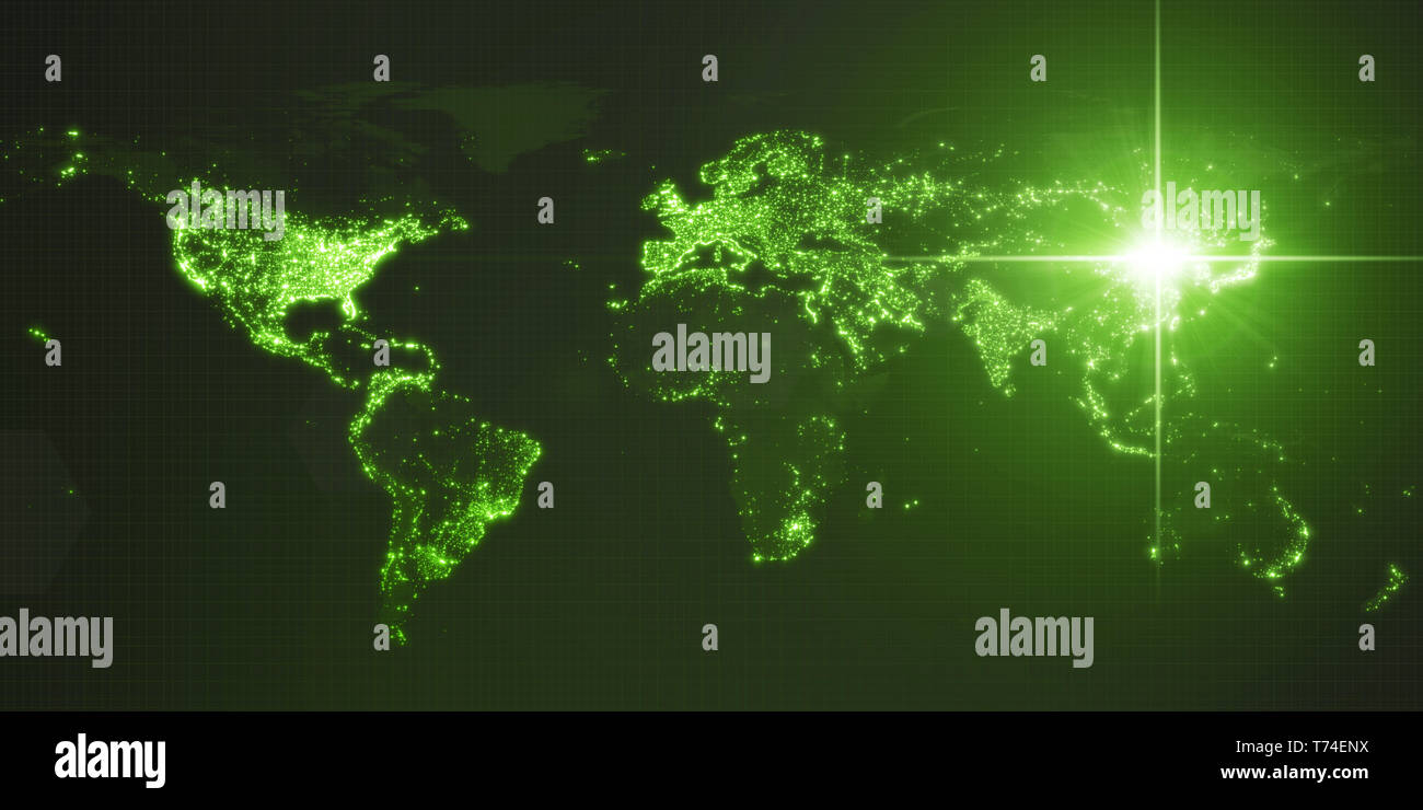 Potenza della Cina, fascio di energia su Pechino. mappa scuro con la città illuminata e densità umana aree. 3d illustrazione Foto Stock