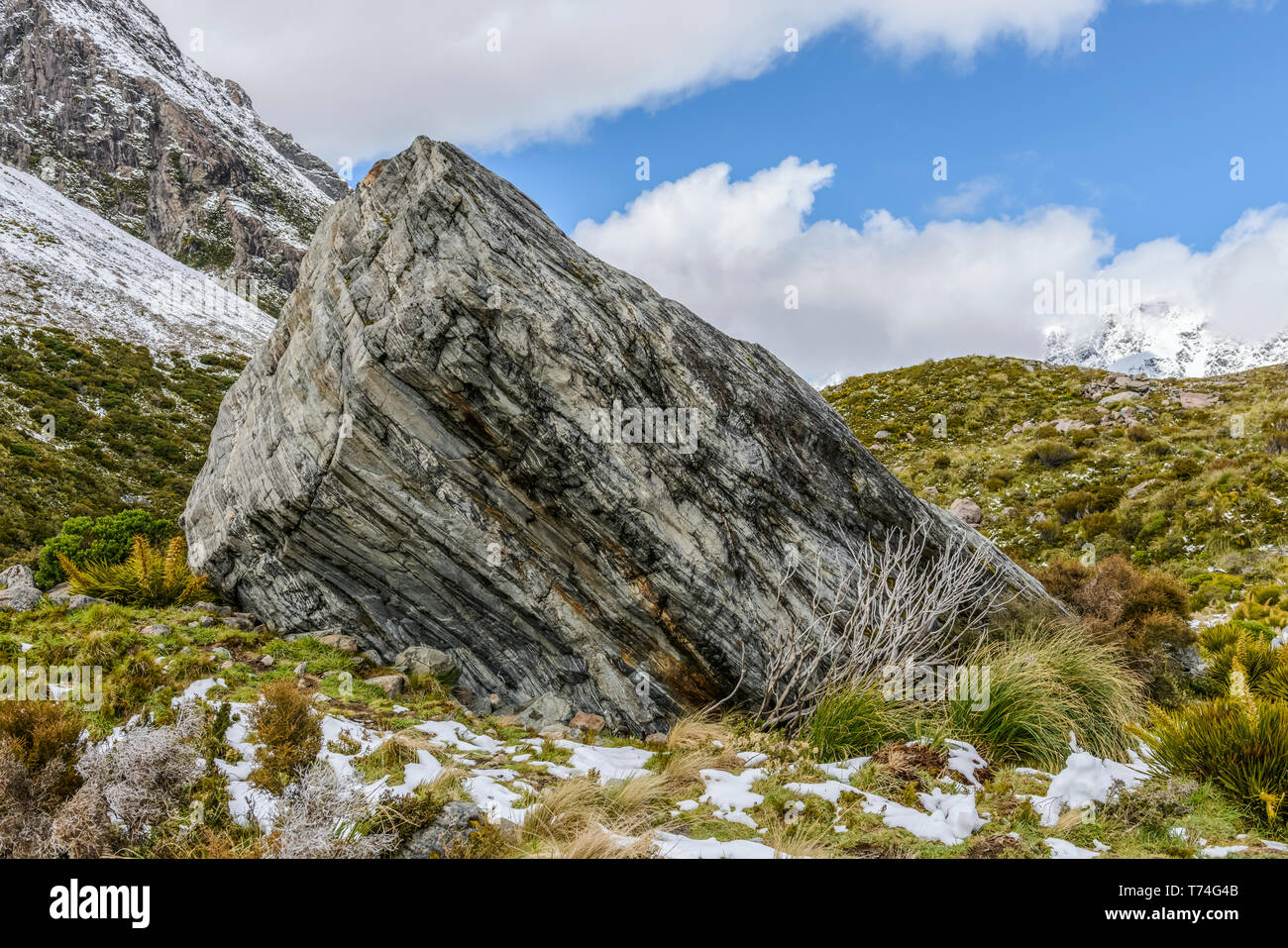 Enorme roccia lungo il Hooker Valley via, parco nazionale di Mount Cook; Isola del Sud, Nuova Zelanda Foto Stock